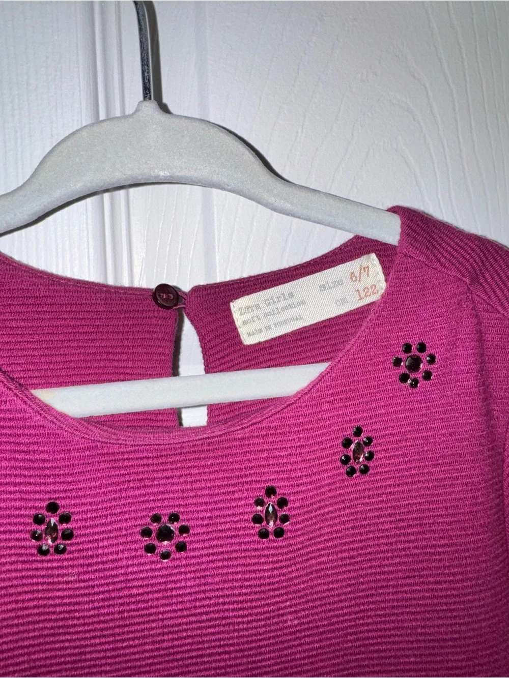 Girls' Magenta Short-Sleeve A-Line Dress with Embellished Neckline